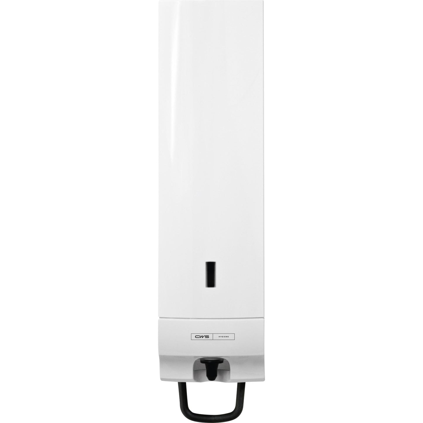 Ο διανομέας αφρού σαπουνιού CWS ParadiseLine Foam Universal με πάνελ σε λευκό χρώμα είναι ένας διανομέας τοίχου με μαύρο μοχλό και παράθυρο για την ένδειξη της στάθμης γεμίσματος — ιδανικός για υγιεινούς χώρους υγιεινής.