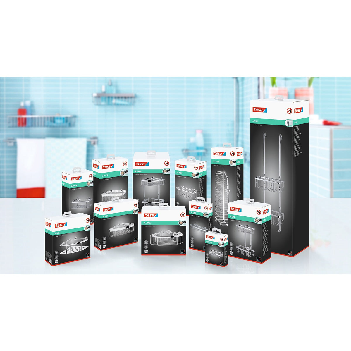 tesa ALUXX Duschkorb einstöckig, extra tief, Aluminium, verchromt, inkl. Klebelösung – Sortiment