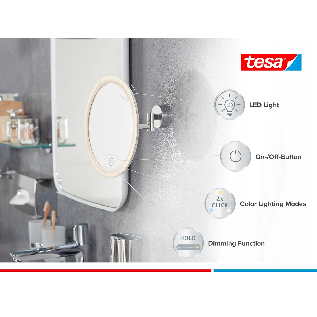 tesa VISIOON LED-Kosmetikspiegel Schwenkarm, selbstklebend, Metall verchromt, chromfarbener Kunststoff – Produktmerkmale