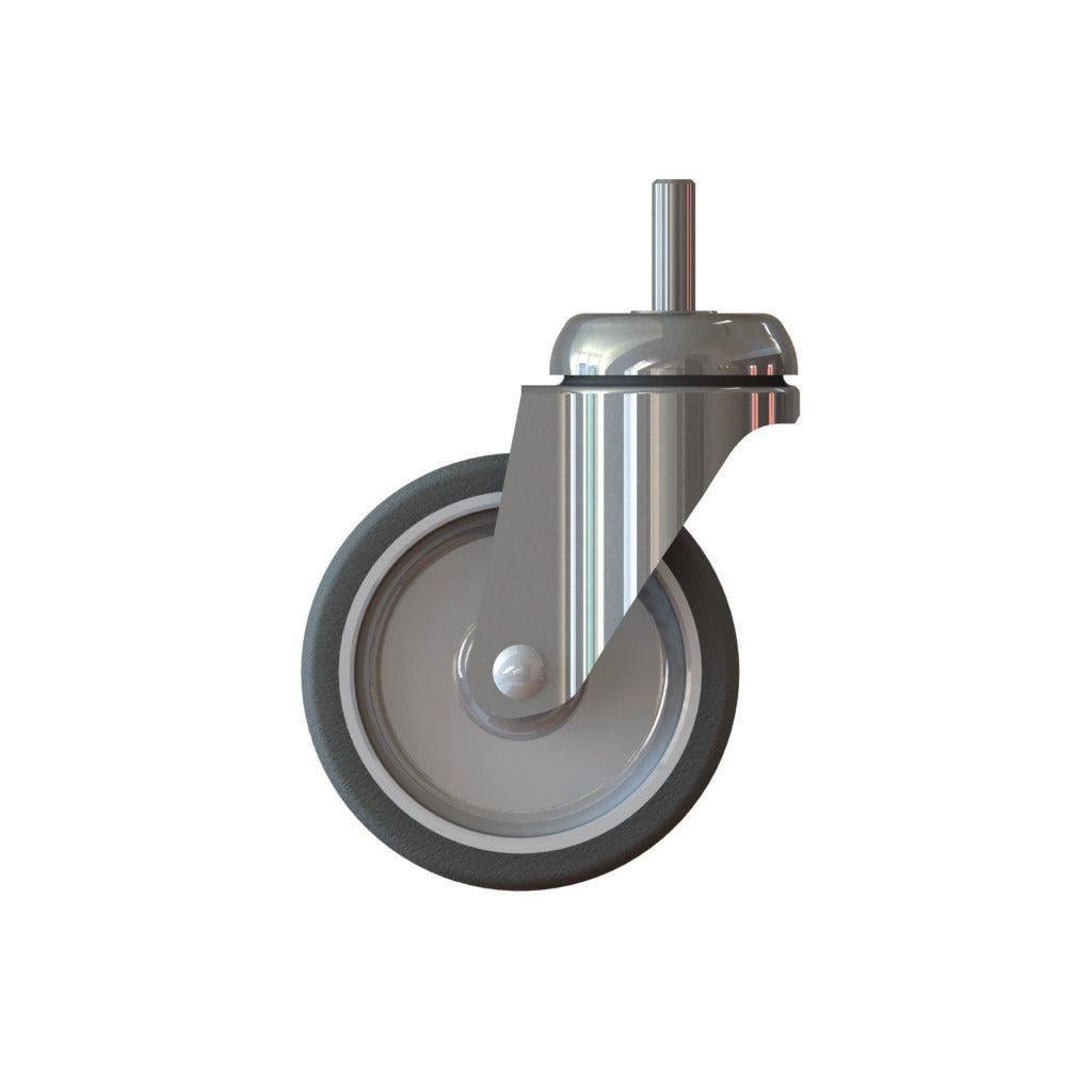 Το TASKI Trolley Rad 100mm από την Diversey Deutschland GmbH & Co. OHG είναι ένας περιστρεφόμενος τροχός με μεταλλικό στήριγμα και λαστιχένιο ελαστικό, για TASKI Trolleys (συσκευασία 1 τεμαχίου), απεικονισμένος σε λευκό φόντο.