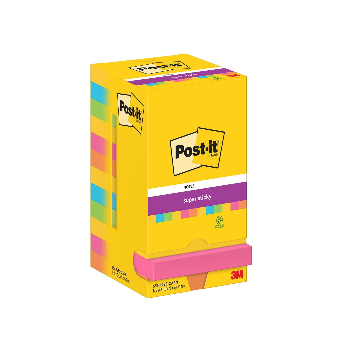 Eine gelbe Schachtel Post-it® Super Sticky Notes (76 mm x 76 mm, 90 Blatt/Block) von 3M Deutschland GmbH, mit verschiedenen Blöcken und dem Post-it-Logo.