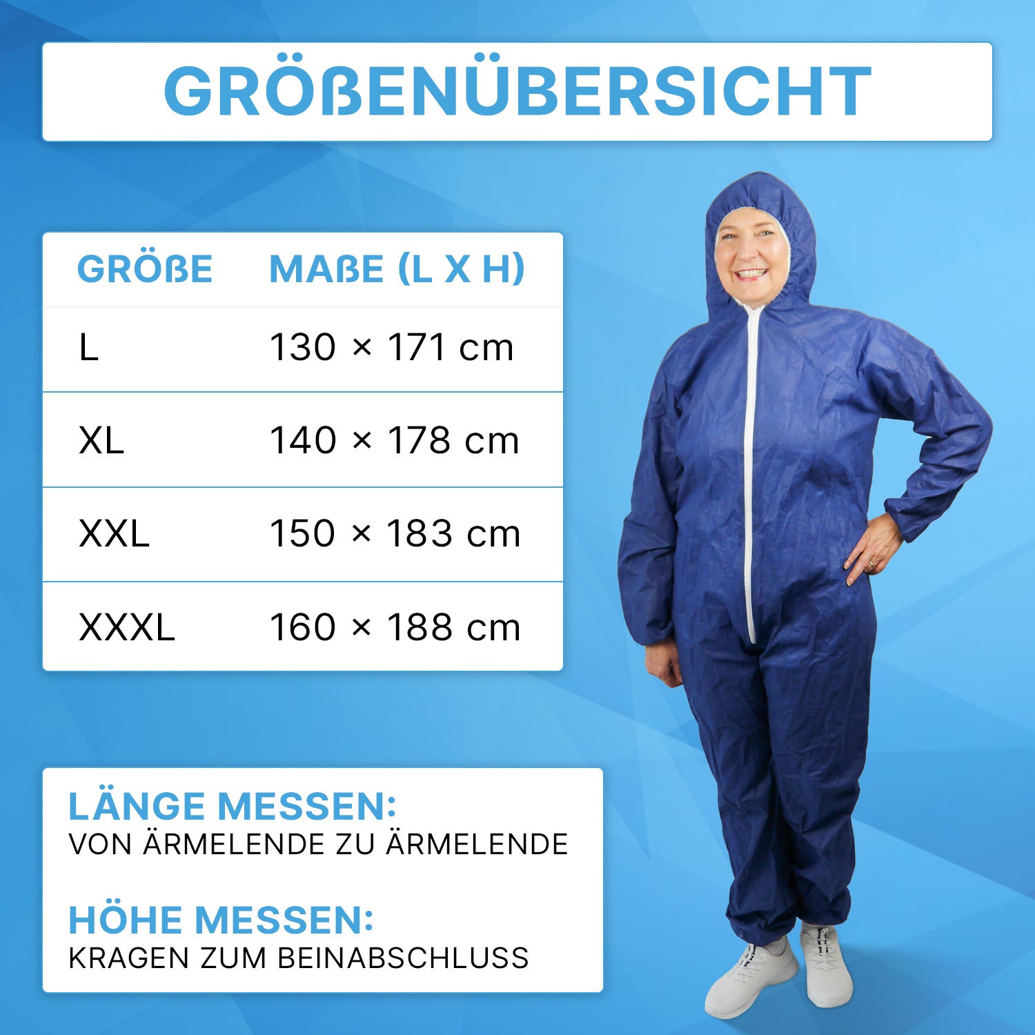 Eine Frau in einem ARNOMED COVERALL PP-OVERALL BLUE Einmaloverall mit Kapuze aus PP-Vlies der ARNOWA GmbH steht lächelnd neben einer Größentabelle (L, XL, XXL, XXXL; cm) vor blauem Hintergrund.