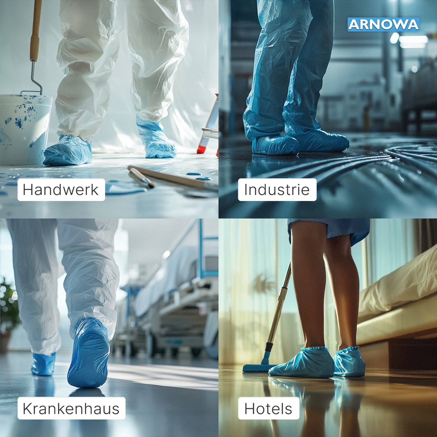 Vier Bilder zeigen Menschen, die ARNOMED Xtra Strong CPE Schuhüberzieher, wasserdicht, Einweg von ARNOWA GmbH in verschiedenen Umgebungen tragen - in Werkstätten, in der Industrie, in Krankenhäusern und in Hotels. Die Etiketten betonen die Verwendung des Einwegs für jedes Szenario.