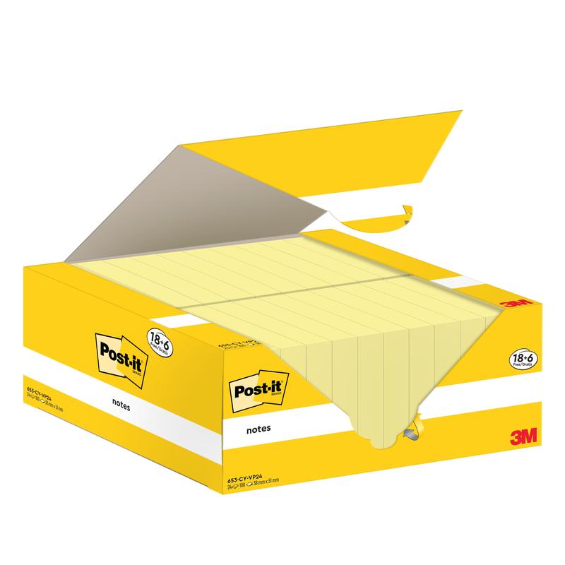 Ένα ανοιχτό κίτρινο-λευκό κουτί από Post-it® Notes (3M Deutschland GmbH) δείχνει πολλά κίτρινα χαρτάκια μέσα. Το κουτί περιέχει 18 μπλοκ + 6 δωρεάν (38x51mm, 100 φύλλα/μπλοκ), πιστοποιημένο από PEFC, με λογότυπο και πληροφορίες προϊόντος.