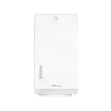 Der CWS ParadiseLine Faltpapierhandtuchspender Paper Universal, weiß, mit Schloss und Sichtfenster links ermöglicht hygienisches Händetrocknen mit universellen Papierhandtüchern.