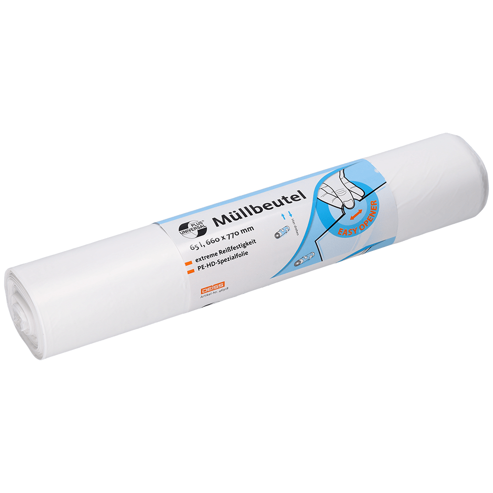 Ένας ρόλος EMIL DEISS KG (GmbH + Co.) DEISS 46918 σακούλες απορριμμάτων (660x770x0,015 mm, λευκό, 50 τεμάχια) συσκευασμένος σε μια ετικέτα με "σακούλες απορριμμάτων", πληροφορίες προϊόντος, ένα χέρι που κρατάει μια σακούλα και σύμβολα απόρριψης ή αποθήκευσης.