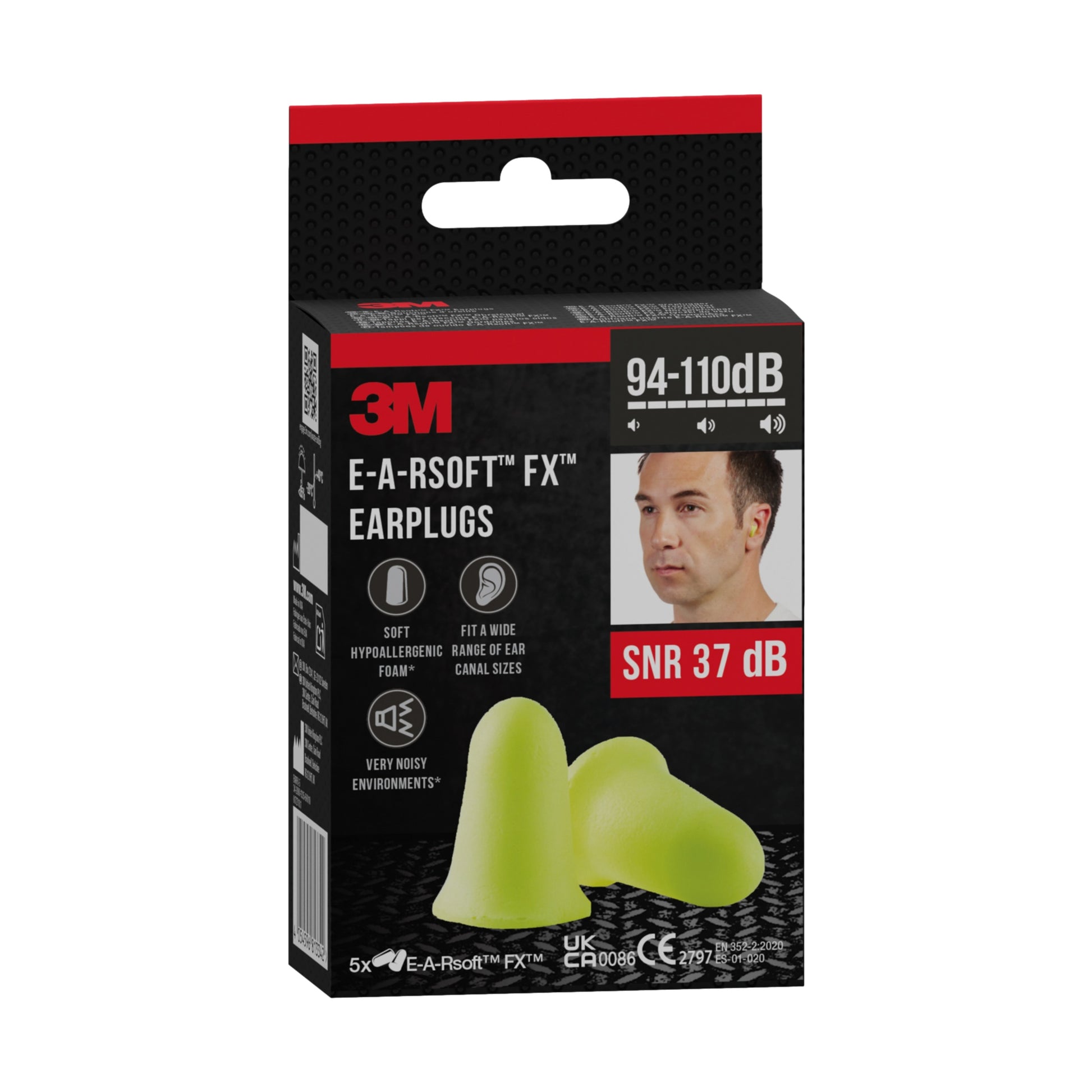A Packung 3M™ Gehörschutzstöpsel E-A-Rsoft™ FX™, weicher Polyurethanschaum, Gelb, SNR-Wert 37 dB, 5 Paar von 3M Deutschland GmbH, mit Bild eines Mannes mit Ohrstöpseln und Produktinfos auf der Verpackung.