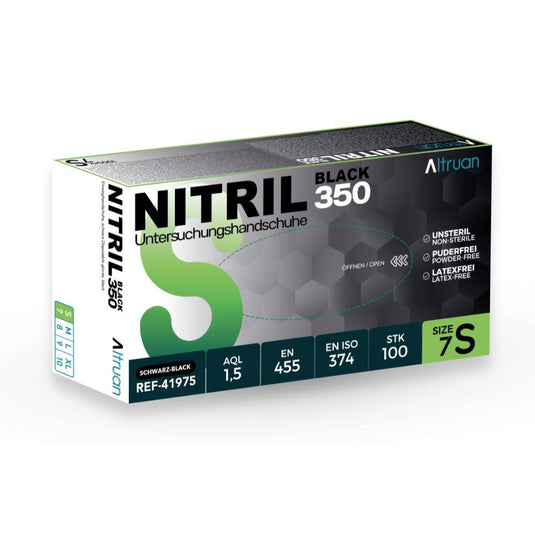 Ένα κουτί με γάντια μίας χρήσης Altruan Nitril 350 Black (μαύρα) της BINGOLD GmbH + Co. KG: Μέγεθος 7S, χωρίς λατέξ, μη αποστειρωμένα, χωρίς πούδρα – 100 τεμάχια ανά κουτί με μαύρο/πράσινο σχέδιο.