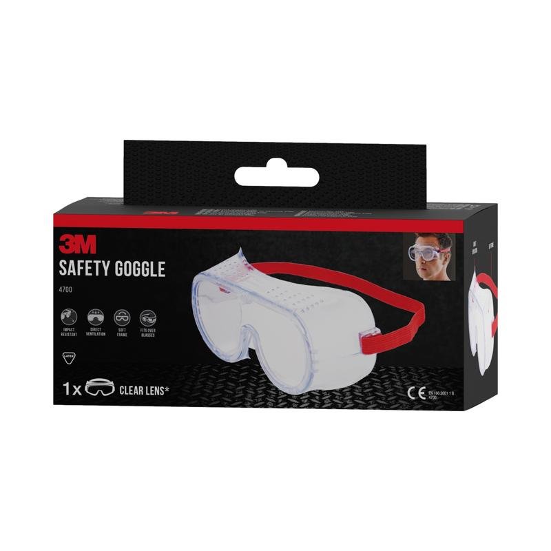 Ένα ορθογώνιο κουτί των 3M™ Classic προστατευτικών γυαλιών 4700 με διαφανείς φακούς και κόκκινη ταινία έχει μαύρη συσκευασία με κόκκινο/λευκό κείμενο, σύμβολα ασφαλείας και αναδεικνύει το άμεσα αεριζόμενο σχέδιο της 3M Deutschland GmbH.