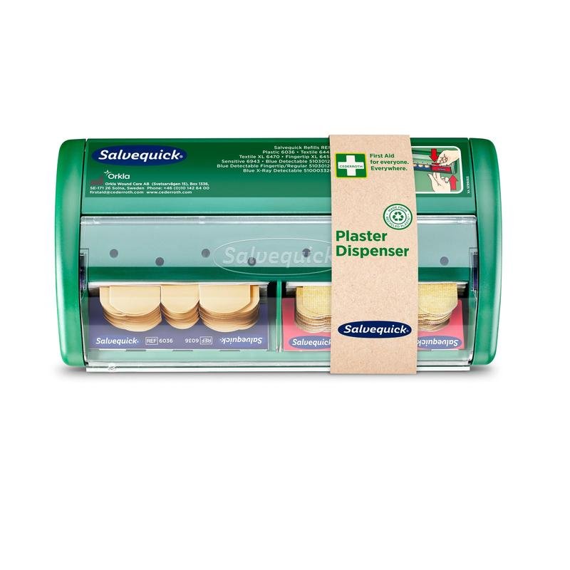 Η θήκη επιδέσμων Salvequick από την Orkla Wound Care AB είναι μια πράσινη θήκη επιδέσμων με διαφανή μπροστινή πλευρά, με δύο διαμερίσματα για επιδέσμους και μια καφέ ετικέτα στη δεξιά πλευρά με την επιγραφή "Pflasterspender". Συσκευασία (1 τεμάχιο).