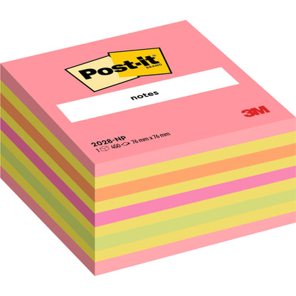 Ένας κύβος με 450 φύλλα σημειώσεων Post-it® (76 x 76 mm) της 3M Deutschland GmbH, με ροζ, κίτρινες και πράσινες σημειώσεις. Κωδικός προϊόντος: 2028-NP. Κατασκευασμένο από 100% πιστοποιημένο χαρτί PEFC.