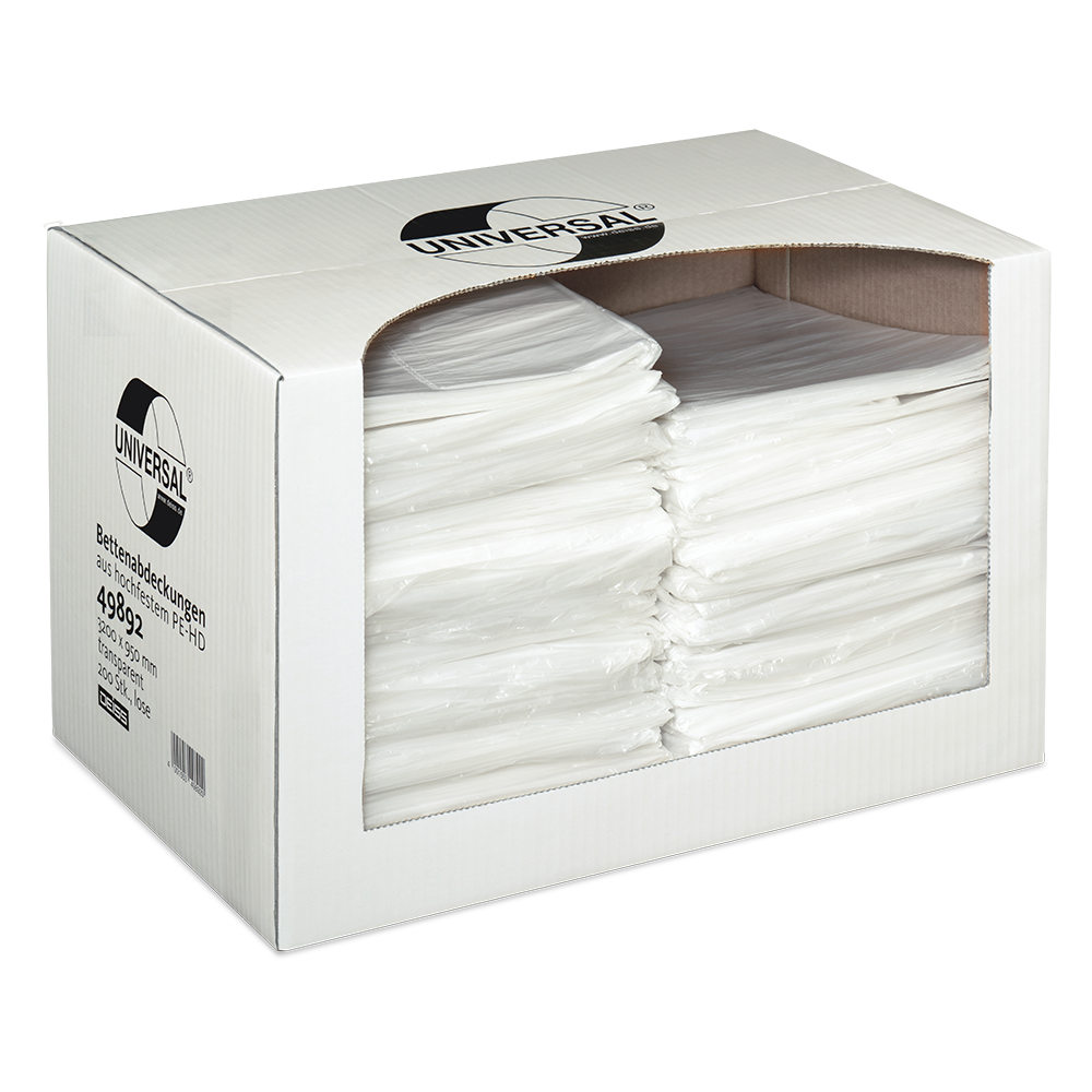 Eine weiße Box von EMIL DEISS KG (GmbH + Co.) enthält 200 transparente DEISS 49892 Bettenabdeckungen (3200x950x0,01 mm). Ein großes Fenster und ein Etikett zeigen den Inhalt an - idealer Hygieneschutz für Krankenhäuser.