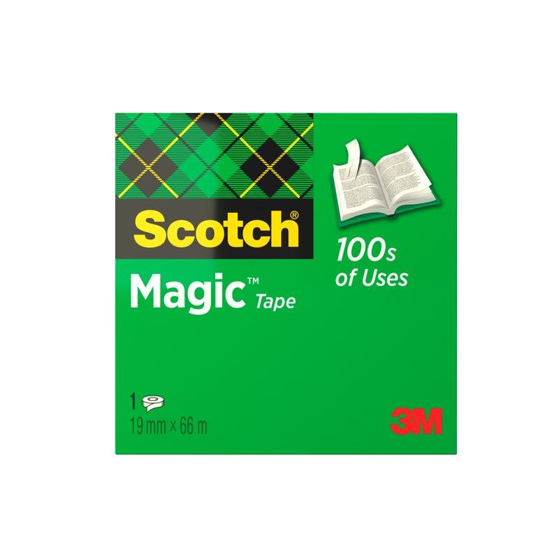 Ένα πράσινο κουτί Scotch® Magic™ Αόρατης Ταινίας της 3M Deutschland GmbH, με την επιγραφή "100s of Uses", με γραφικό ενός ανοιχτού βιβλίου· περιέχει 1 ρολό (19 mm x 66 m).