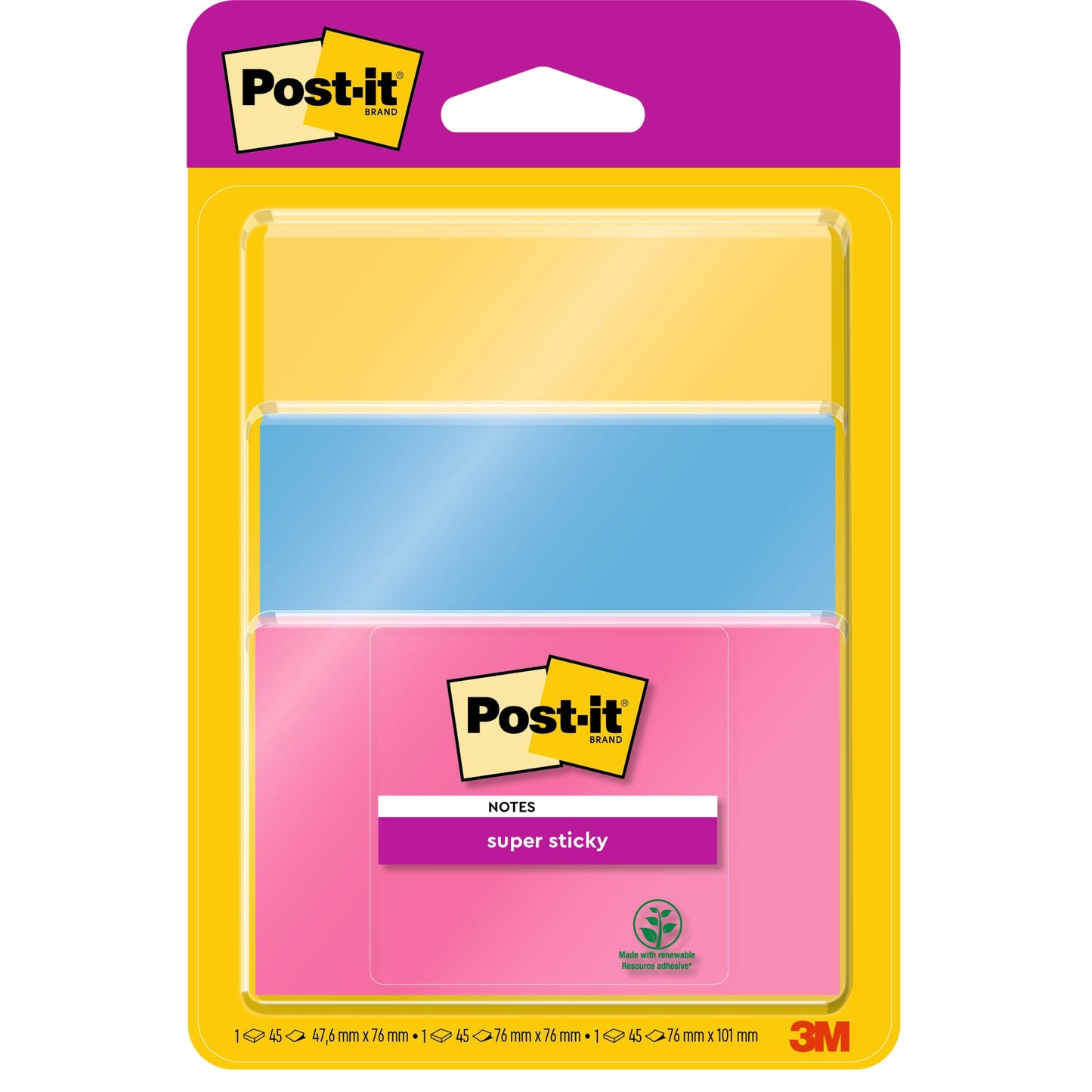 Eine Packung Post-it® Super Sticky Notes von 3M Deutschland GmbH enthält 3 Blöcke (je 45 Blatt) in verschiedenen Farben und Größen, PEFC zertifiziert (SGSCH-PEFC-COC-110078). Jeder Block misst 4,7 x 7,6 cm.
