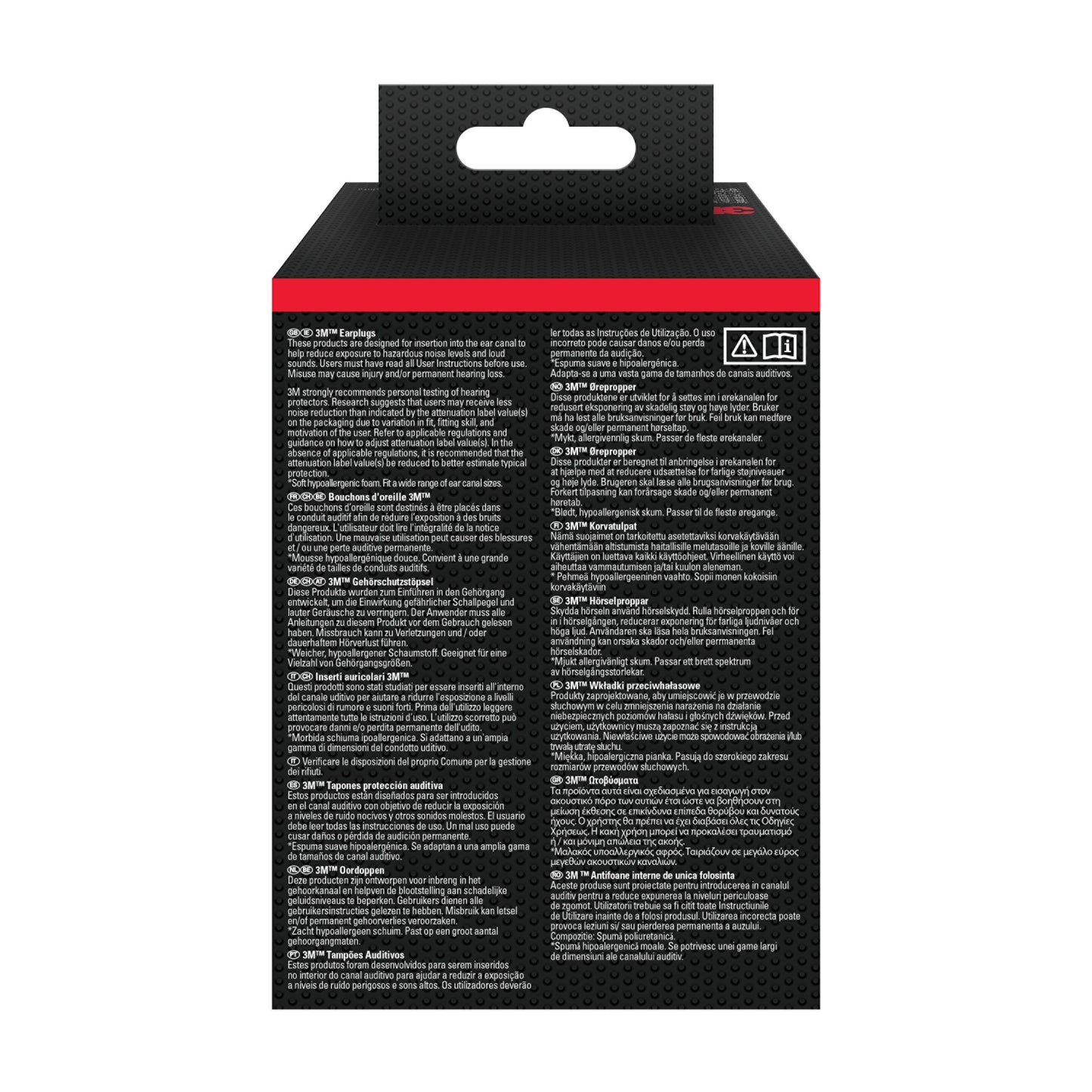 Die Abbildung zeigt die Rückseite eines 3M™ Gehörschutzstöpsels 1100 (Weichschaum, SNR 35 dB, Orange) der 3M Deutschland GmbH mit schwarzem Hintergrund, weißem mehrsprachigem Text, Aufhänger oben und kleinen Warnsymbolen oben rechts.