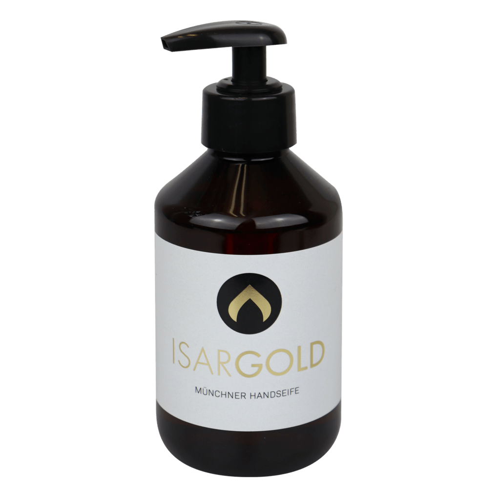 Ένα σκούρο καφέ πλαστικό μπουκάλι αντλίας 250 ml της Dr. Schnell ISARGOLD υγρού σαπουνιού χεριών, ποιότητας Μονάχου, από την DR.SCHNELL GmbH & Co. KGaA, με λευκή ετικέτα και μαύρο-χρυσό λογότυπο, ιδανικό για προσωπική υγιεινή και ευαίσθητο δέρμα.