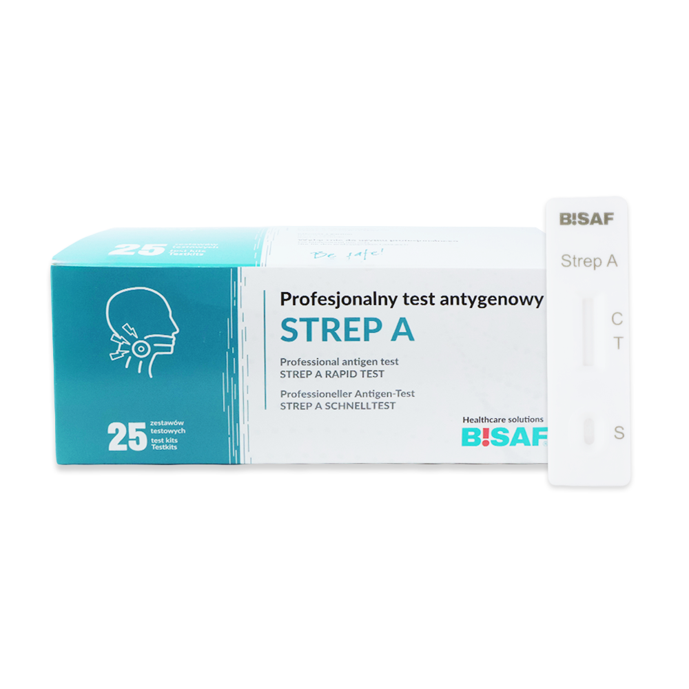 Ένα κουτί Strep A - Bisaf Professional 25 Tests από την Altruan εμφανίζεται δίπλα σε μια λευκή συσκευή ταχείας δοκιμής με την επιγραφή Strep A Schnelltest με τις περιοχές "C" και "T". Το πακέτο περιέχει 25 τεστ για στρεπτόκοκκο ομάδας Α με στυλεό λαιμού.