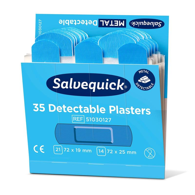 Eine blaue Schachtel mit der Aufschrift "Orkla Wound Care AB Blaues detektierbares Pflaster, 35 Stück/Mine | Packung (6 Stück)" enthält detektierbare Pflaster (72x19 mm, 72x25 mm), die ideal für die Lebensmittelindustrie sind und aus Hygienegründen einzeln verpackt werden.