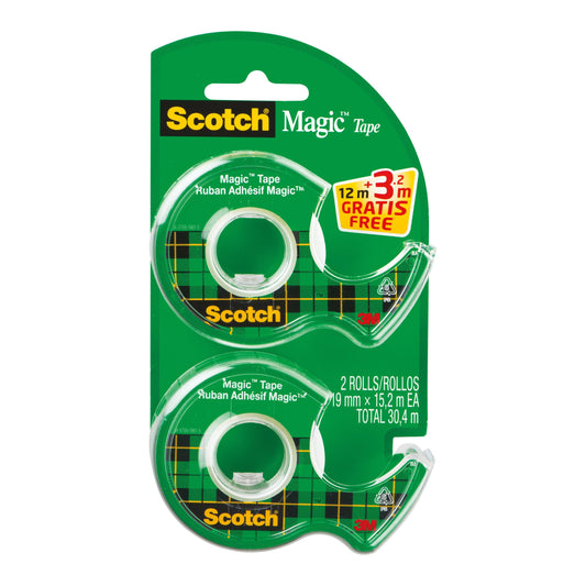 Das Scotch® Magic™ Unsichtbares Klebeband von 3M Deutschland GmbH enthält 2 Rollen (je 19mm x 12m) plus 3,2m extra und einen Abroller, also insgesamt 30,4m.