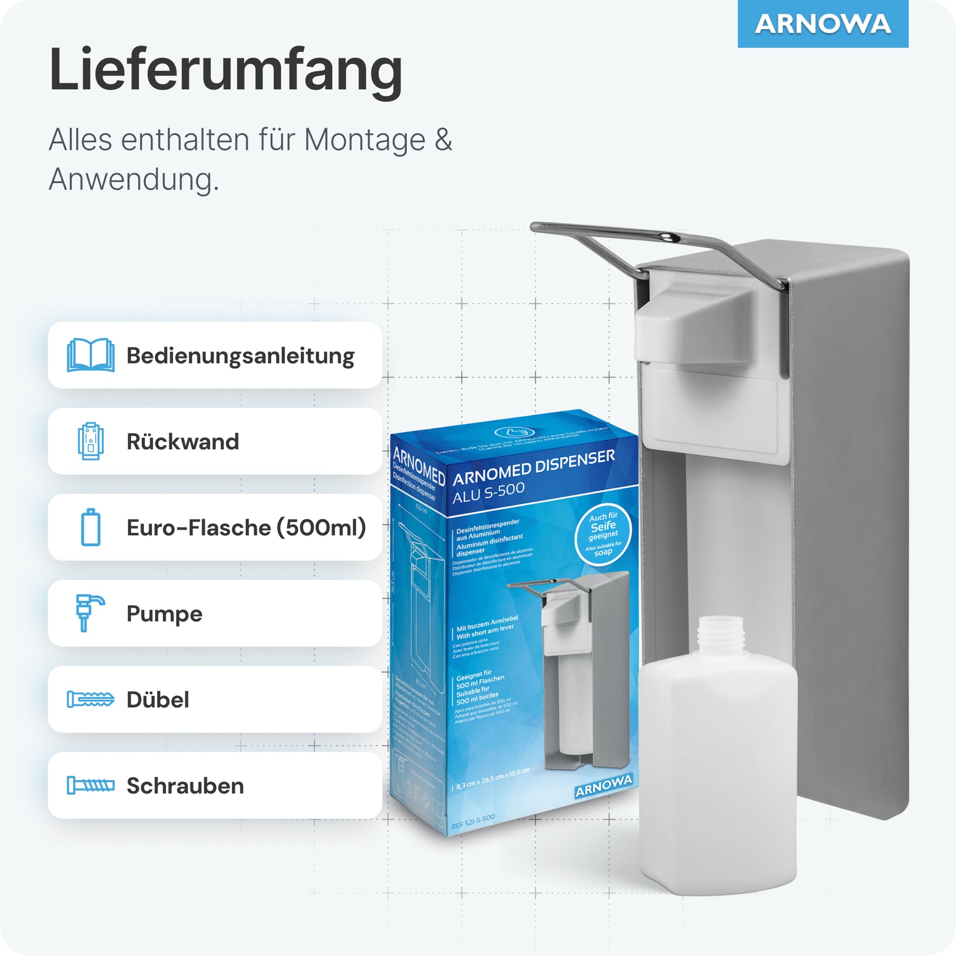 Der ARNOMED DISPENSER der ARNOWA GmbH - ein manuelles Seifen- und Desinfektionsmittelspender-Set aus Aluminium mit Pumpe, Schrauben, Dübeln, Rückwand und 500-ml-Euroflasche - ist in einer Verpackung auf hellem Hintergrund mit beschrifteten Symbolen abgebildet.