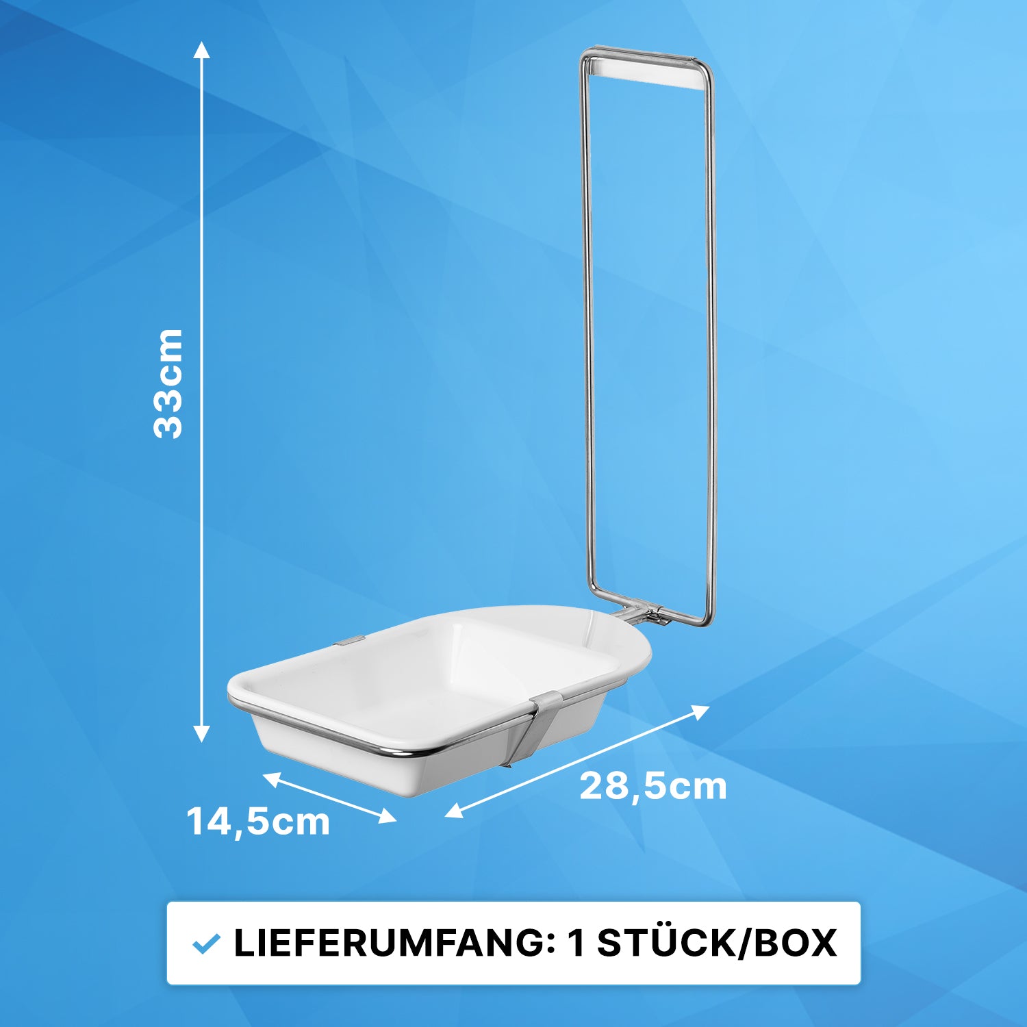 Ein Metalldrahtständer hält die rechteckige weiße ARNOMED DISPENSER TROPFSCHALE (33x28,5x14,5 cm) von ARNOWA GmbH, ideal für ARNOMED DISPENSER Seifen- und Desinfektionsmittelspender. Lieferung: 1 Stück/Karton.