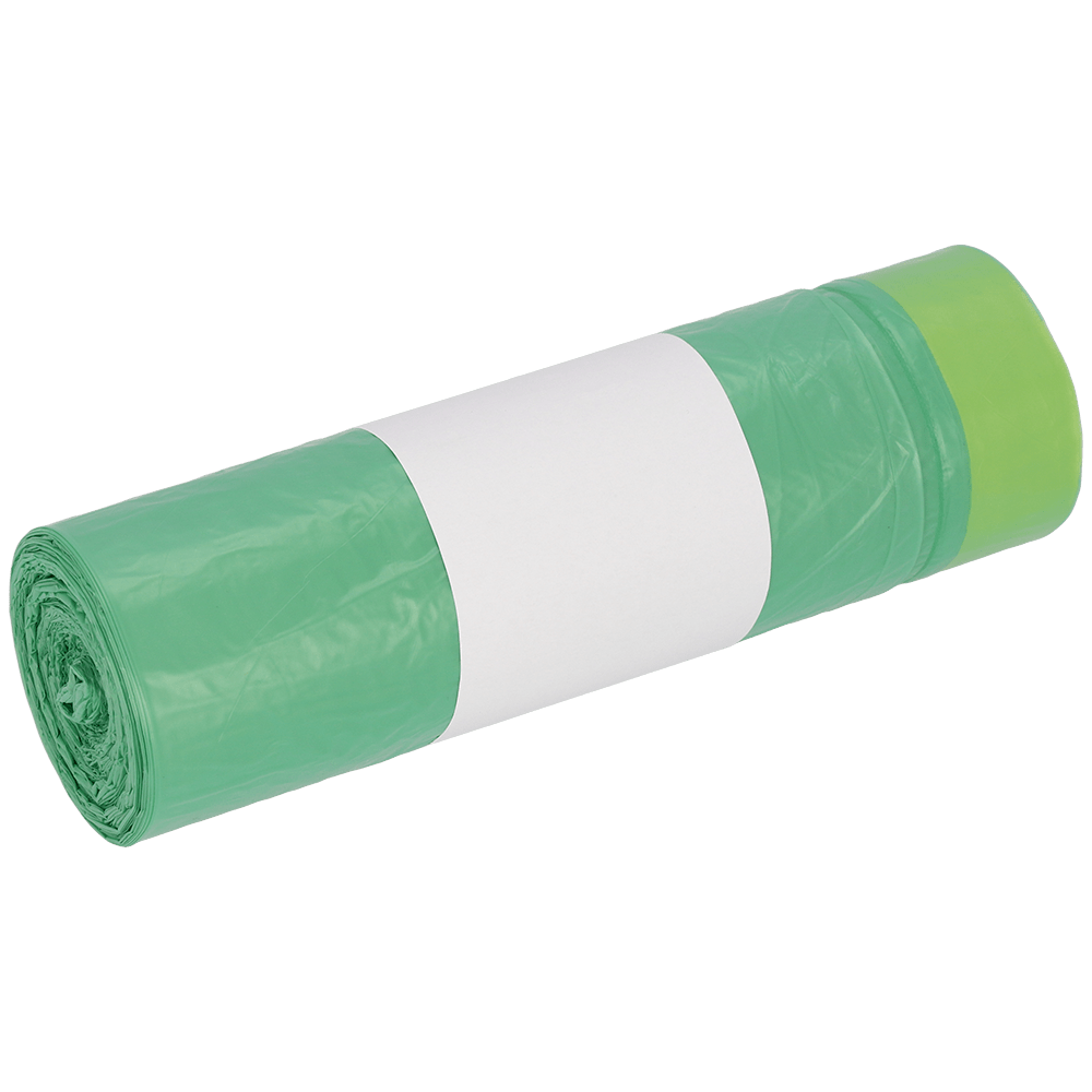 Απεικονίζεται ένας ρολός πράσινων σακουλών απορριμμάτων DEISS 52801 (20 τεμάχια) της EMIL DEISS KG (GmbH + Co.) με μια λευκή ετικέτα χωρίς εκτύπωση στη μέση σε λευκό φόντο.