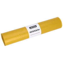 Abgebildet ist eine gelbe Rolle der EMIL DEISS KG (GmbH + Co.) DEISS 53019 Müllsäcke (700x1100 mm, Typ 20, 50 Stück) auf weißem Hintergrund - perfekt für eine effiziente Abfallentsorgung.