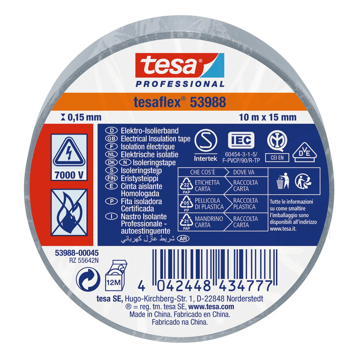 tesa Professional 53988 Isolierband 7000V grau, 10 m x 15 mm