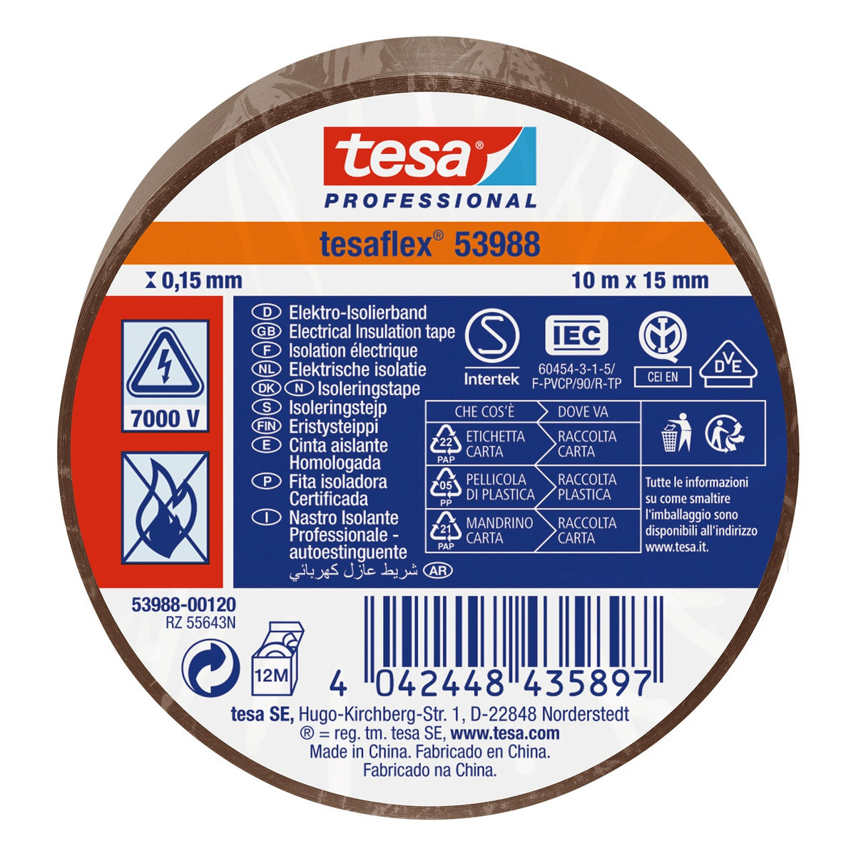 tesa Professional 53988 Isolierband 7000V braun, 10 m x 15 mm