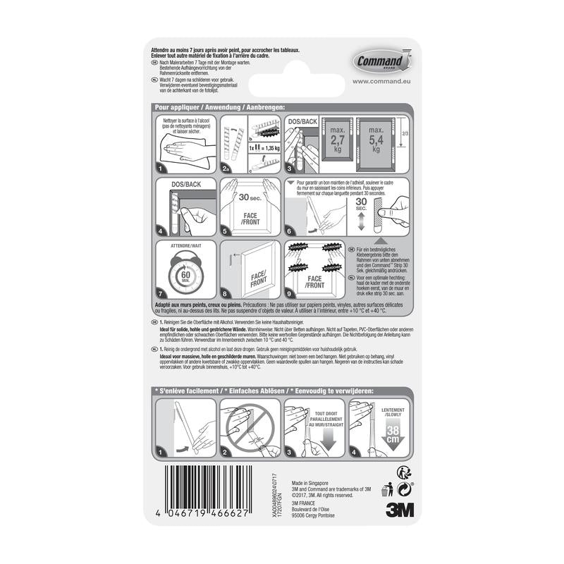 Πίσω πλευρά μιας συσκευασίας 3M Deutschland GmbH Schmale Command™ Bilder-Montage Strips (M) 17207 με εικονογραφημένες οδηγίες χρήσης/αφαίρεσης, προδιαγραφές, πληροφορίες ασφαλείας, πολυγλωσσικό κείμενο και την παρατήρηση ότι οι ταινίες αφαιρούνται χωρίς υπολείμματα.