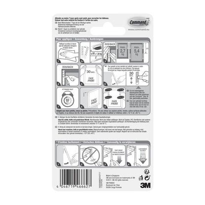 Πίσω πλευρά μιας συσκευασίας 3M Deutschland GmbH Schmale Command™ Bilder-Montage Strips (M) 17207 με εικονογραφημένες οδηγίες χρήσης/αφαίρεσης, προδιαγραφές, πληροφορίες ασφαλείας, πολυγλωσσικό κείμενο και την παρατήρηση ότι οι ταινίες αφαιρούνται χωρίς υπολείμματα.