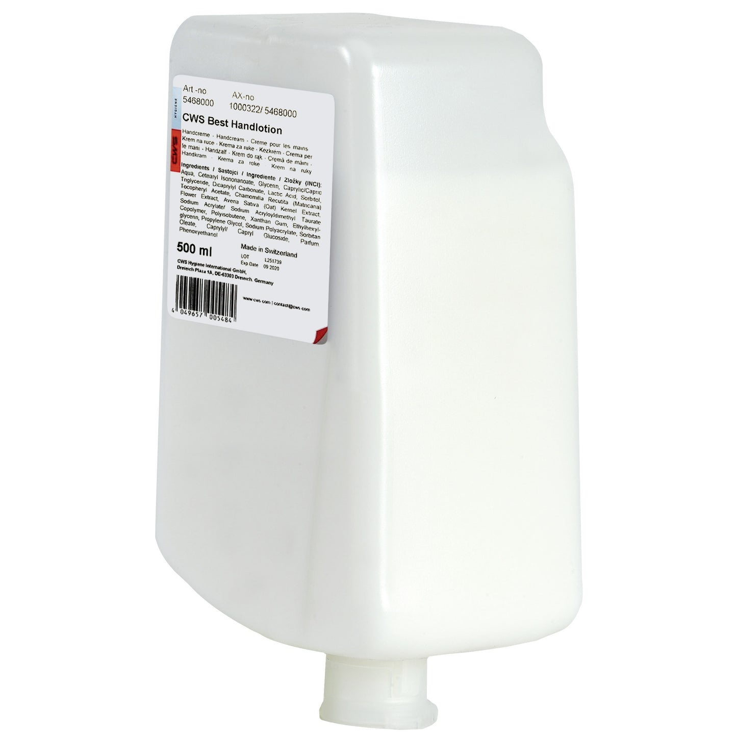 Λευκό, ορθογώνιο μπουκάλι 500 ml CWS Handlotion με πληροφορίες προϊόντος, γραμμωτό κώδικα και μια μικρή βαλβίδα στο κάτω μέρος για καθημερινή και υψηλής ποιότητας περιποίηση χεριών. Με την επιγραφή "CWS Handlotion, Best Handlotion 500 ml | Μπουκάλι (500 ml)".