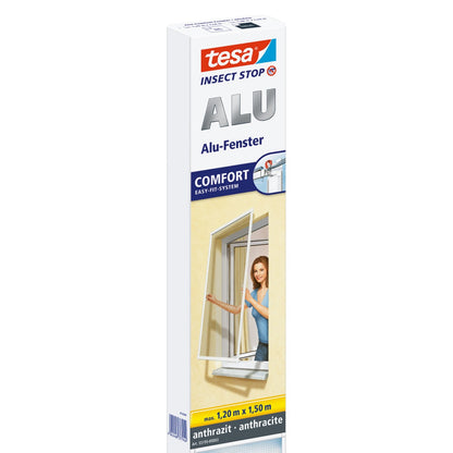 tesa INSECT STOP Aluminium Rahmen Fliegengitter für Fenster, 120 x 150 cm, Comfort anthrazit