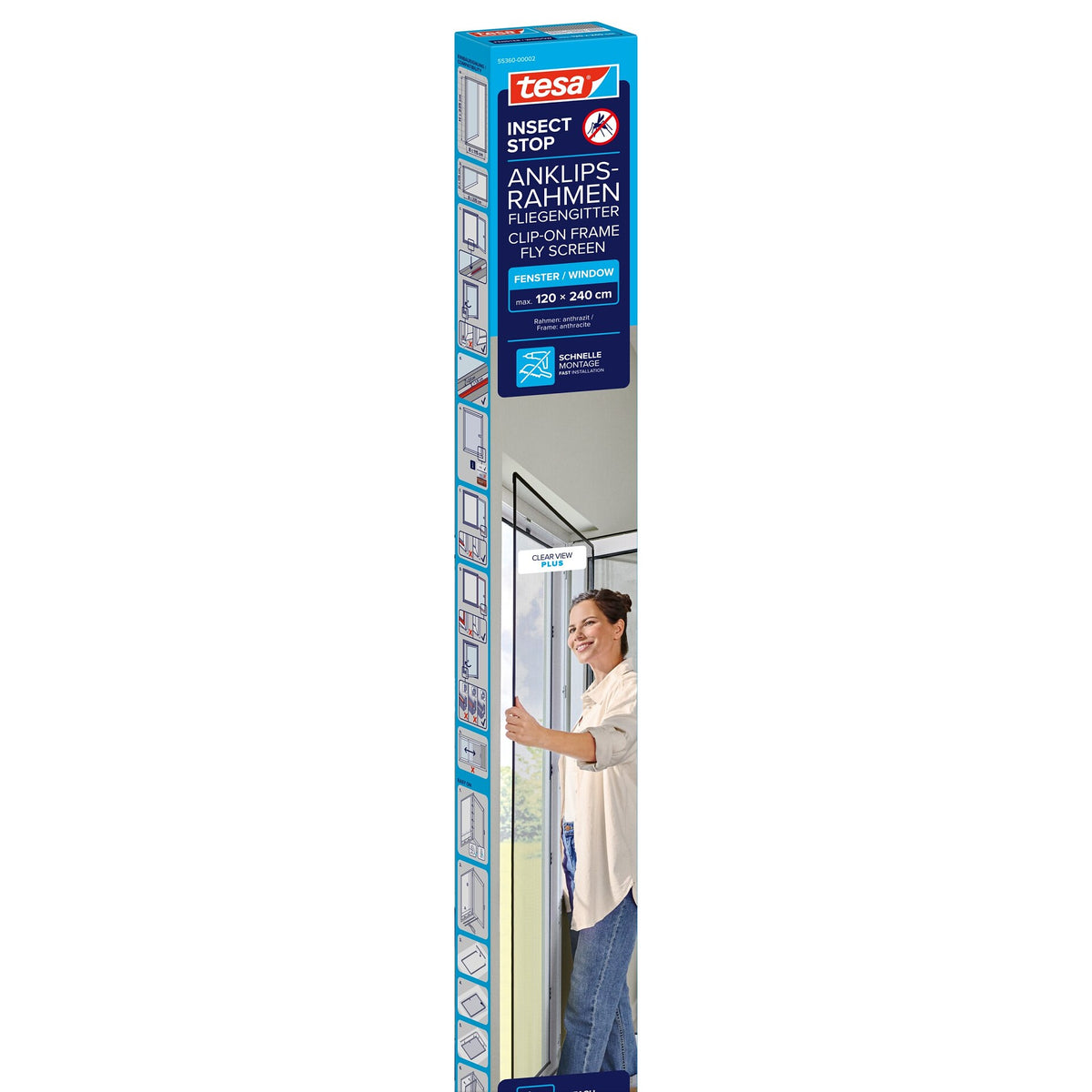 tesa INSECT STOP Anklips-Rahmen Fliegengitter für Fenster, anthrazit 120 x 240 cm