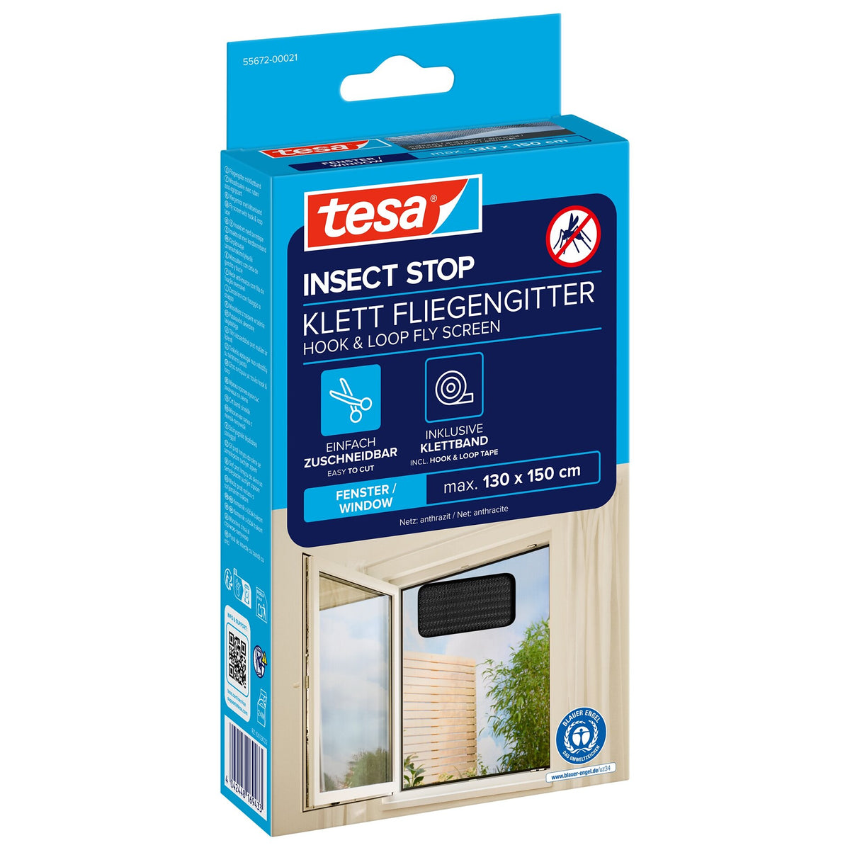 tesa INSECT STOP Klett Fliegengitter für Fenster anthrazit, 130 x 150 cm