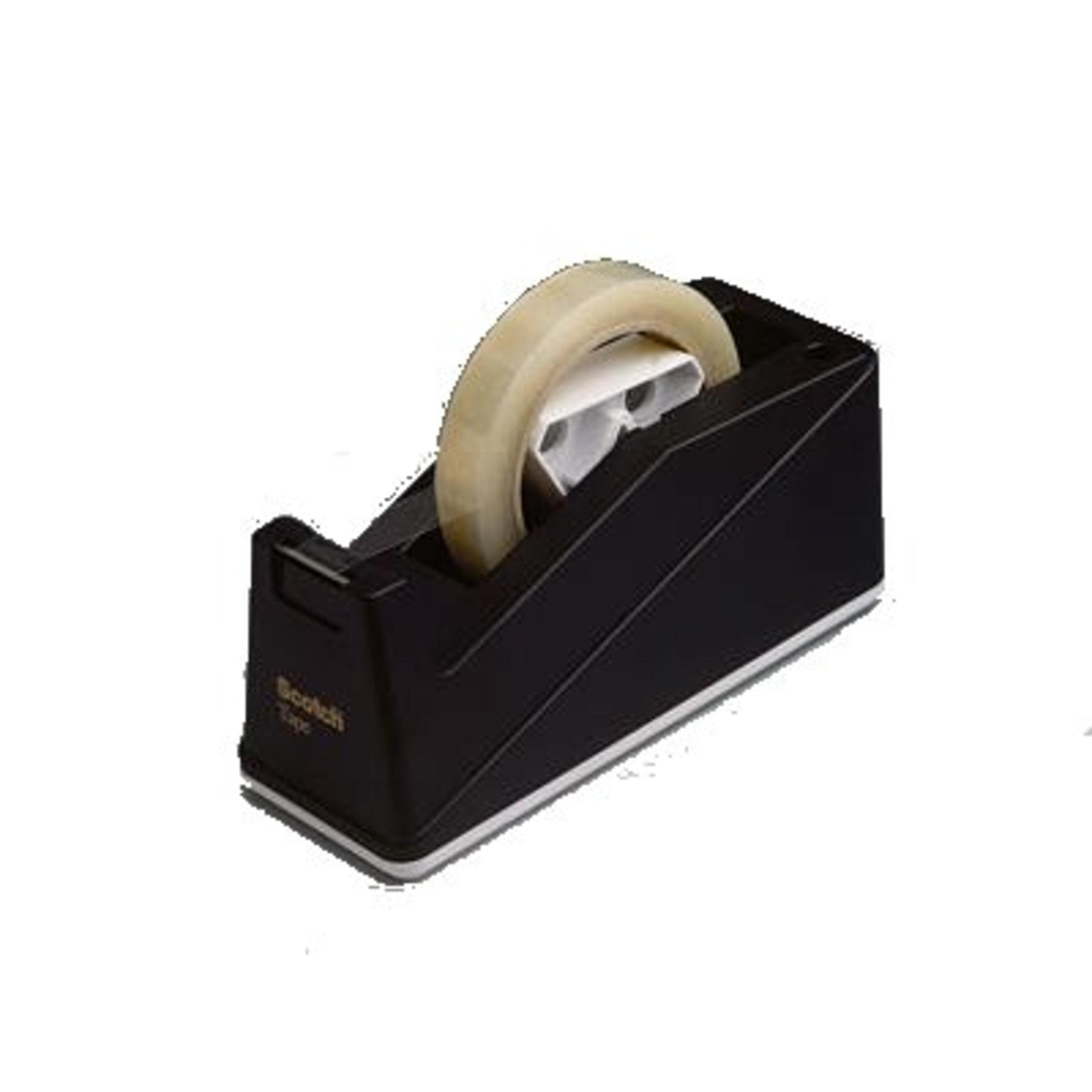 Der Scotch™ Tischabroller C10 in Schwarz von 3M Deutschland GmbH hält eine Rolle durchsichtiges Klebeband, das vor einem weißen Hintergrund steht.