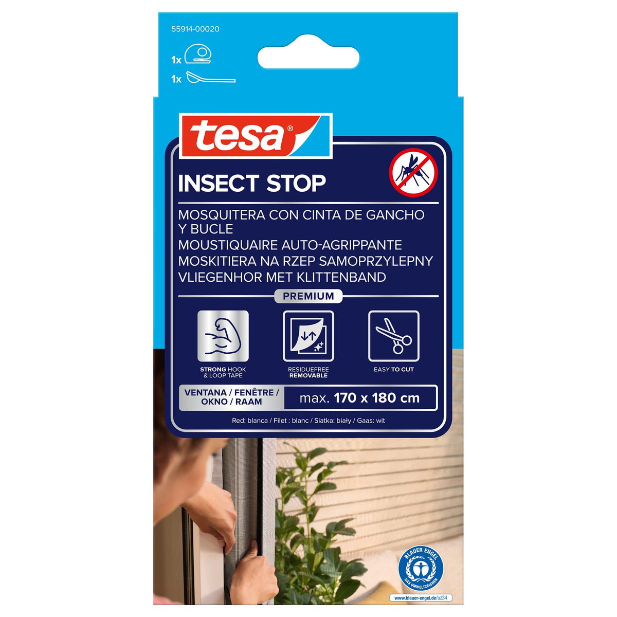 tesa INSECT STOP Klett Fliegengitter Premium für Fenster, weiß 170 x 180 cm