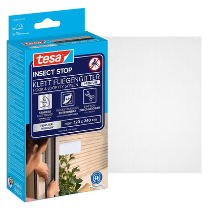 tesa INSECT STOP Klett Fliegengitter Premium für Fenster, weiß 120 x 240 cm