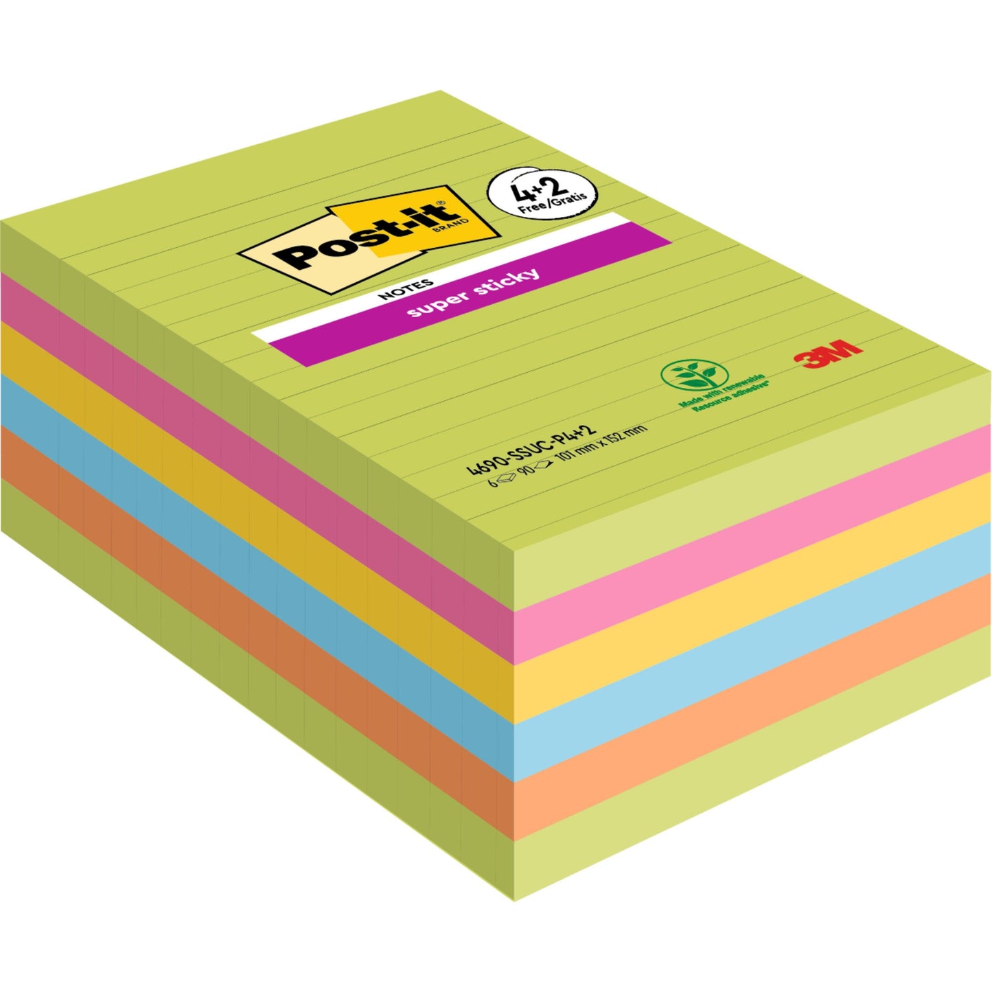 Μια συσκευασία 3M Post-it® Super Sticky Notes μεγάλου μεγέθους, με γραμμές, 101 x 152 mm σε διάφορα χρώματα (90 φύλλα/μπλοκ, 4 μπλοκ + 2 δωρεάν), ισχυρά και πιστοποιημένα από PEFC. Το εξώφυλλο δείχνει γραμμές με το λογότυπο Post-it και 3M.