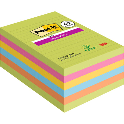 Μια συσκευασία 3M Post-it® Super Sticky Notes μεγάλου μεγέθους, με γραμμές, 101 x 152 mm σε διάφορα χρώματα (90 φύλλα/μπλοκ, 4 μπλοκ + 2 δωρεάν), ισχυρά και πιστοποιημένα από PEFC. Το εξώφυλλο δείχνει γραμμές με το λογότυπο Post-it και 3M.
