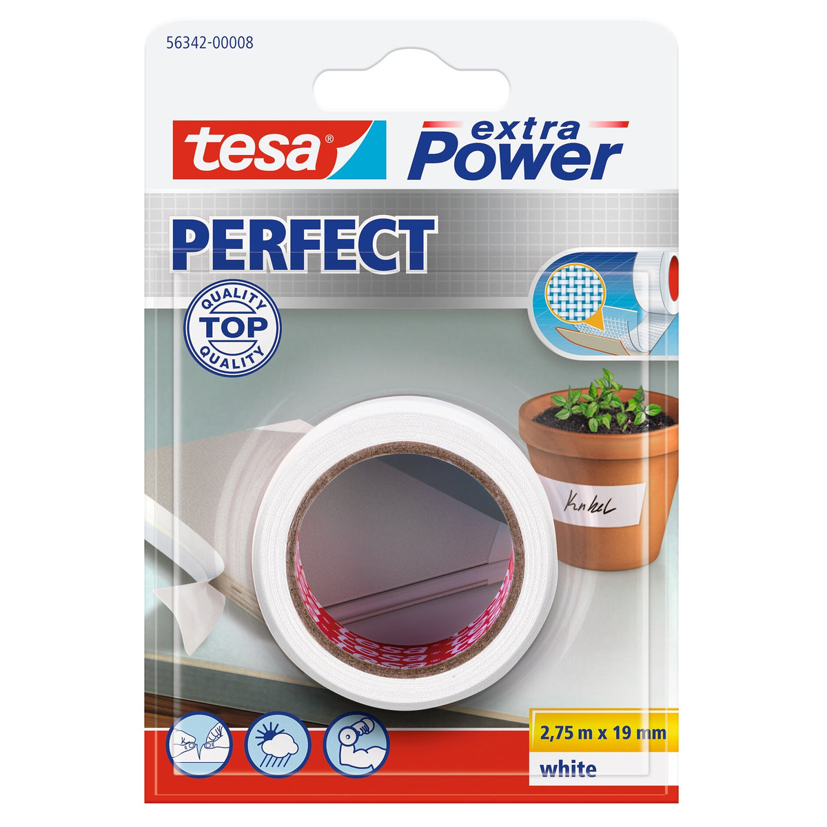 tesa extra Power Perfect Gewebeband, im Blister, weiß, 2,75 m x 19 mm