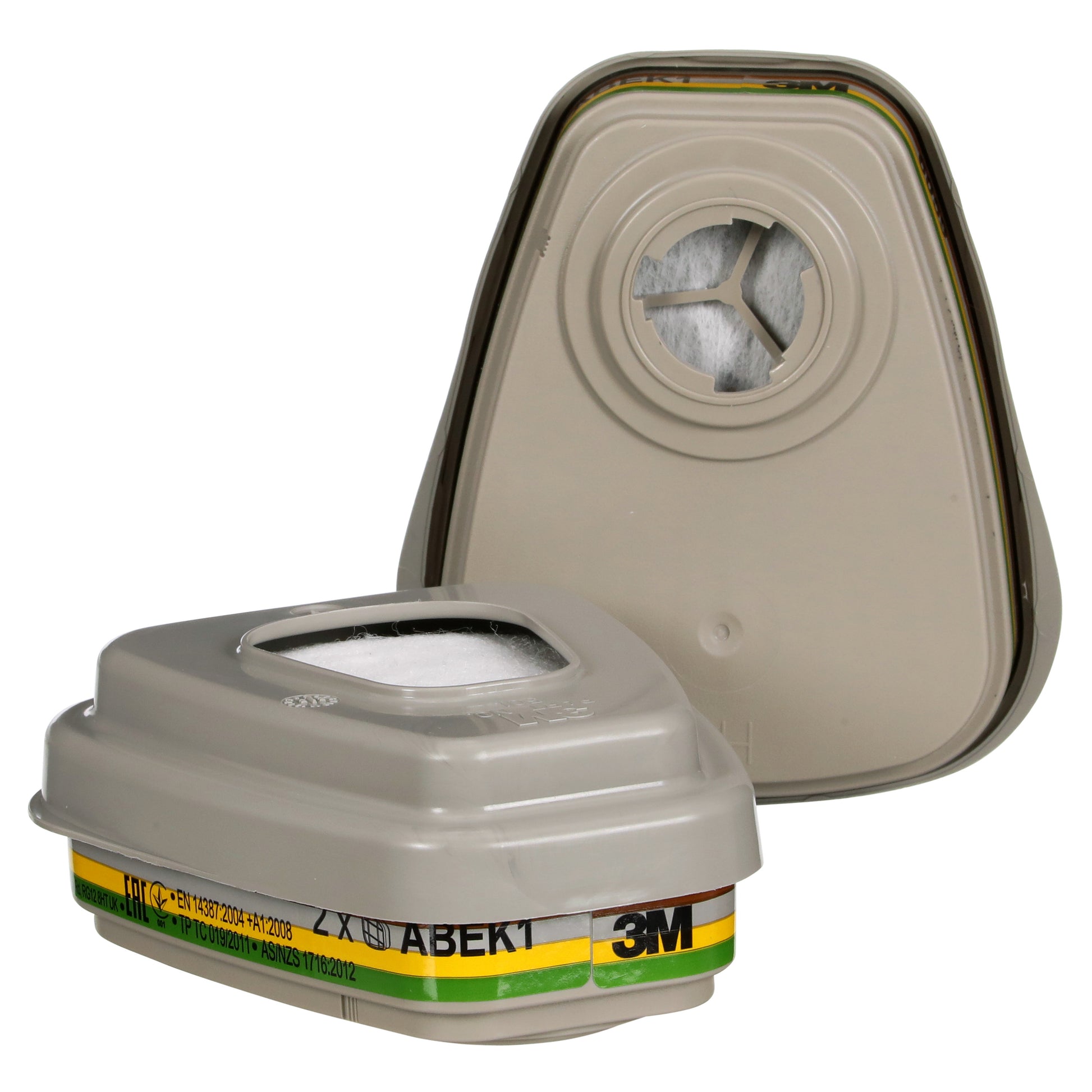 Zwei 3M™ Filtersatz 6004-1SP ABEK1P3 Kombinationsfilter von 3M Deutschland GmbH-einer aufrecht, einer auf der Seite mit Etiketten (2x6059, 2x5935, 2x501)-ideal für Atemschutz in Schutzmasken.