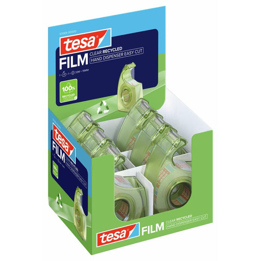 tesa HAND DISPENSER EASY CUT RECYCLED Χειροκίνητο διανομέα, πράσινο, με ταινία tesafilm Clear Recycled 33 m x 19 mm, με ετικέτα EAN