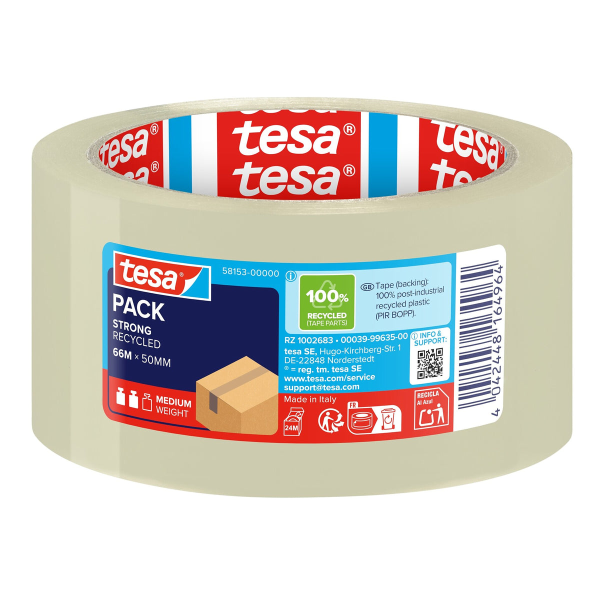 tesapack STRONG RECYCLED Klebeband, 66 m x 50 mm transparent