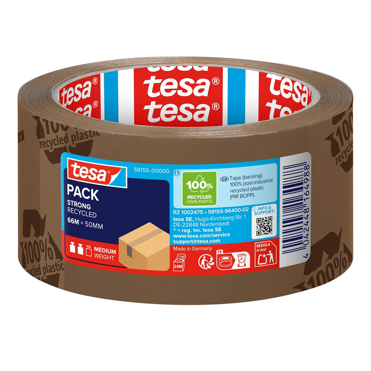 tesapack STRONG RECYCLED Klebeband, 66 m x 50 mm mit Druck, braun