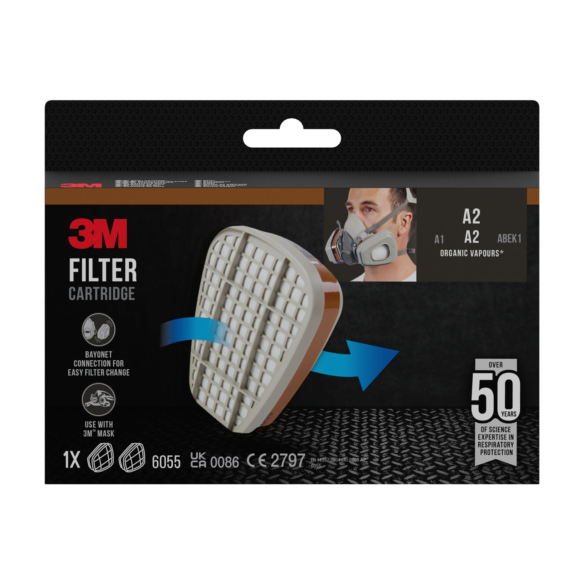Vorderansicht der Verpackung der 3M™ Filterpatrone 6055, A2 Organische Dämpfe von 3M Deutschland GmbH, die die Patrone, eine Person mit Atemschutzmaske und Produktangaben wie "A2" und "Organische Dämpfe" zeigt.