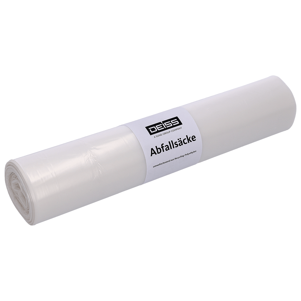 Ένας λευκός κύλινδρος της EMIL DEISS KG (GmbH + Co.) DEISS 59024 - 620x720 mm διαφανής σακούλα απορριμμάτων, συσκευασία με 50 τεμάχια, βρίσκεται σε φωτεινό υπόβαθρο. Η ετικέτα δείχνει την εμπορική ονομασία και την περιγραφή του προϊόντος στα Γερμανικά.