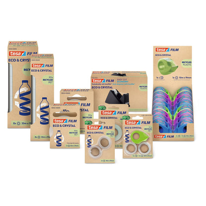 tesafilm Eco & Crystal, transparent, in Hängefaltschachtel, 33 m x 19 mm – Sortiment
