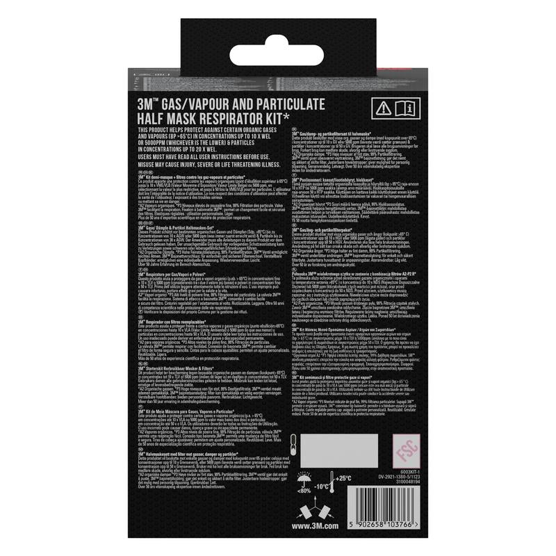 Η πίσω πλευρά ενός 3M™ Σετ φίλτρων 6003-1SP, A2P3 (2x6055, 2x5935, 2x501) από την 3M Deutschland GmbH δείχνει πληροφορίες προϊόντος για χρήση με οργανικούς ατμούς και σωματίδια, καθώς και οδηγίες, προειδοποιήσεις και σύμβολα σε λευκό πάνω σε μαύρο.