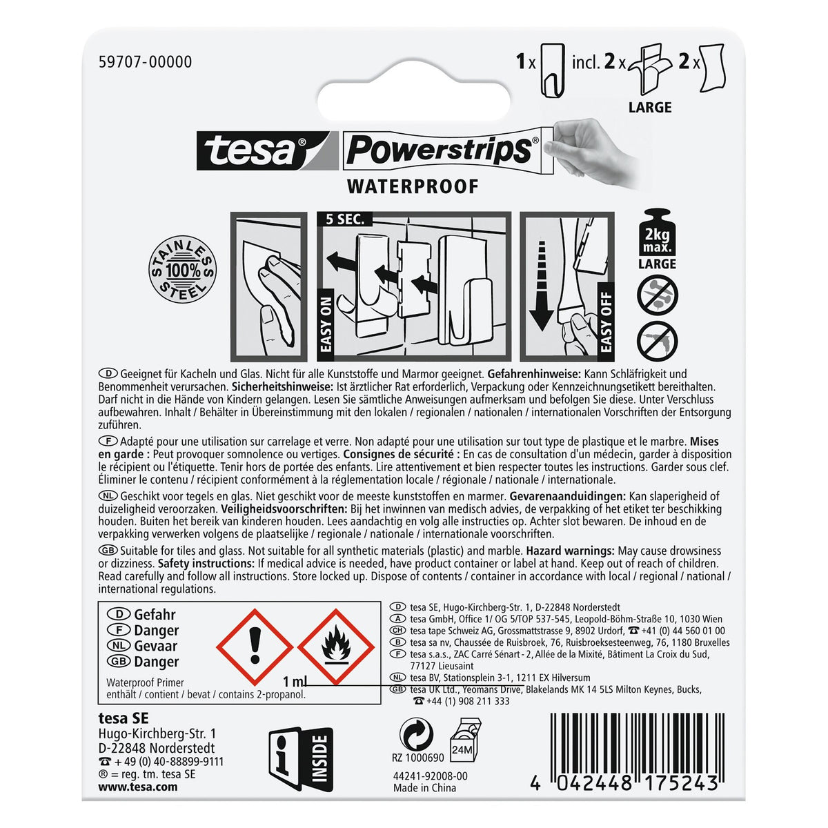 tesa Powerstrips Waterproof Haken Zoom Metall, weiß